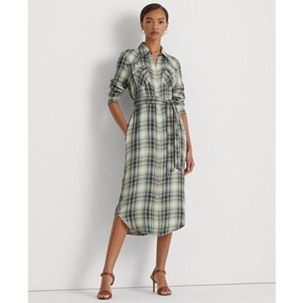 Lauren Ralph Lauren Petite Plaid Green & White Button Front Skirt Dress 14P